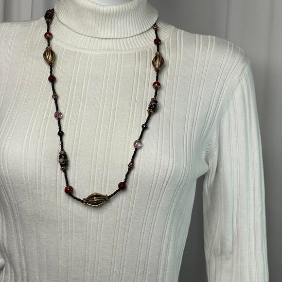 Chico's black and red beaded necklace long painted beads signed costume jewelry - Picture 11 of 14
